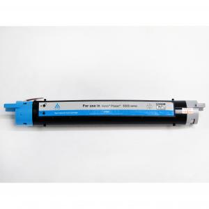 Cyan remanufactured toner cartridge with a blue end cap, labeled for use in Xerox Phaser 6300 series, featuring a black body and clear labeling on the side.