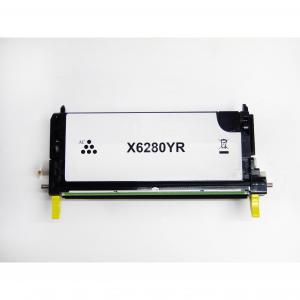 Remanufactured yellow toner cartridge with a black casing, featuring a white label that reads "X6280YR" and two yellow tabs for installation.