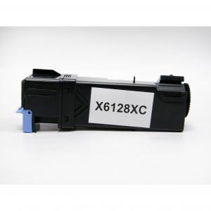 Cyan remanufactured toner cartridge with a black body and a blue tab, labeled "X6128XC," designed for use in Xerox printers.
