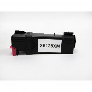 Remanufactured magenta toner cartridge featuring a black body with a pink clip, labeled "X6128XM," designed for Xerox printers.