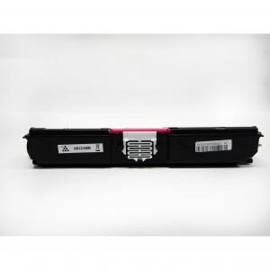 Remanufactured magenta toner cartridge with a black exterior, featuring a pink label and barcode, designed for Xerox printers.