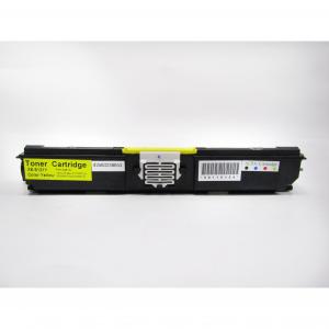 Remanufactured yellow toner cartridge with a black casing, featuring a yellow label, barcode, and a central locking mechanism for easy installation.