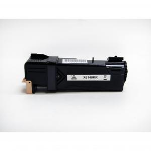 Remanufactured black toner cartridge with a sleek black plastic body, featuring a barcode label and a light beige clip at one end for easy installation.