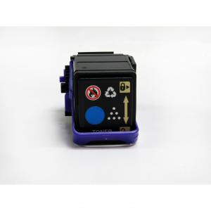 Cyan toner cartridge with a black body, purple base, and various printed symbols, including recycling and caution icons, designed for compatible Xerox printers.