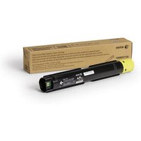 Yellow Xerox 106R03738 toner cartridge, black body with yellow cap, next to brown packaging box.