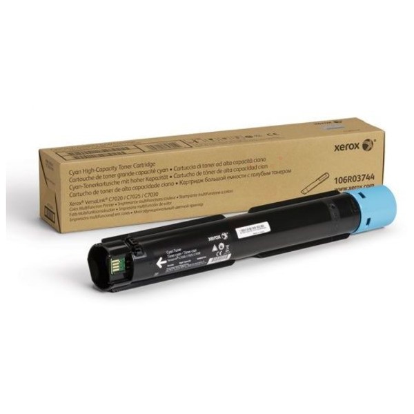 Cyan high-capacity toner cartridge with a blue end cap, labeled for Xerox printers, packaged in a brown box with black text and product details.