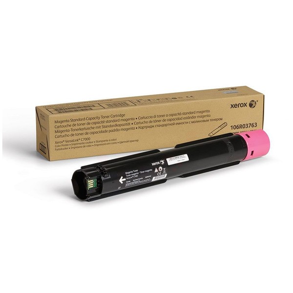 Magenta toner cartridge with a pink end, labeled "Xerox 106R03763," in a brown box for Xerox VersaLink C 7000, indicating a yield of 3.3K pages.