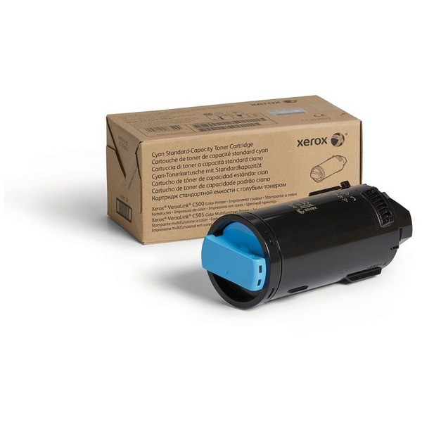 Cyan toner cartridge with a black body, labeled for high-capacity use, alongside a cardboard box featuring the Xerox logo and product details.