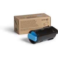 Cyan Xerox toner cartridge with blue cap, black body, and brown box packaging for high-capacity printing.