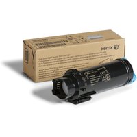 Xerox cyan toner cartridge, black cylindrical shape, with blue cap, beside brown branded box.