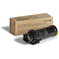 Xerox yellow toner cartridge, cylindrical black body, yellow cap, next to brown packaging box.