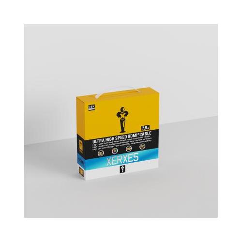 Yellow and black packaging for the Xerxes HS-525 V2.1 7.5m Ultra High Speed HDMI Cable, featuring icons for compatibility and performance on a light gray background.