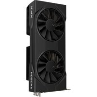 Black XFX Swift AMD Radeon RX 9060 XT OC graphics card with dual fans and sleek design.