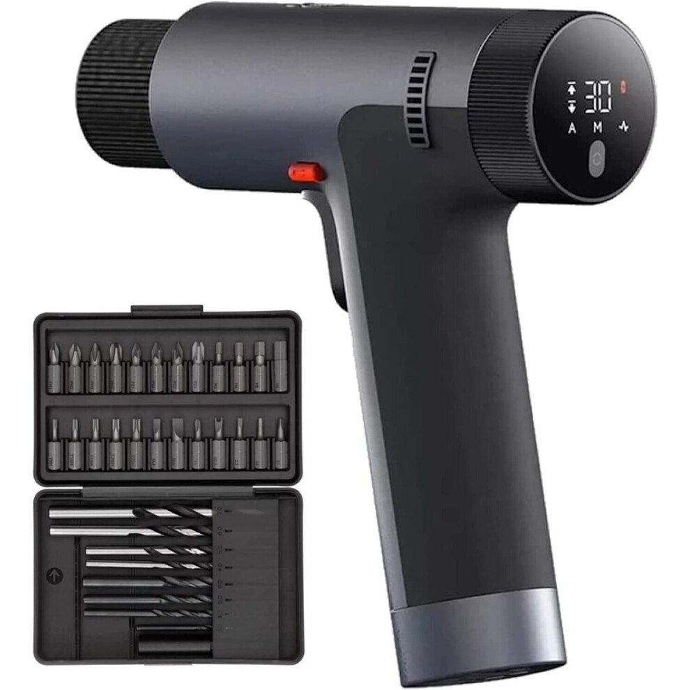 Xiaomi 12V Max Brushless Cordless Drill in black and grey, featuring a digital display, ergonomic handle, and a kit of various drill bits in a compact case.