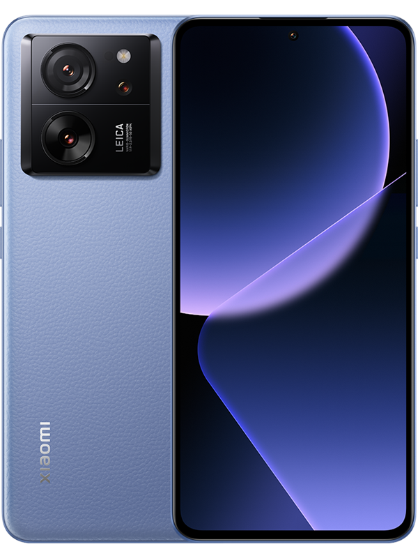 Xiaomi 13T Pro in Alpine Blue features a sleek design with a textured back, a large display, and dual rear cameras with Leica branding.