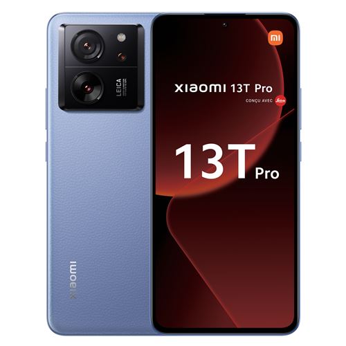 Xiaomi 13T Pro smartphone in Alpine Blue, featuring a sleek design, dual rear cameras, a large display, and labeled with "13T Pro" and Xiaomi branding.