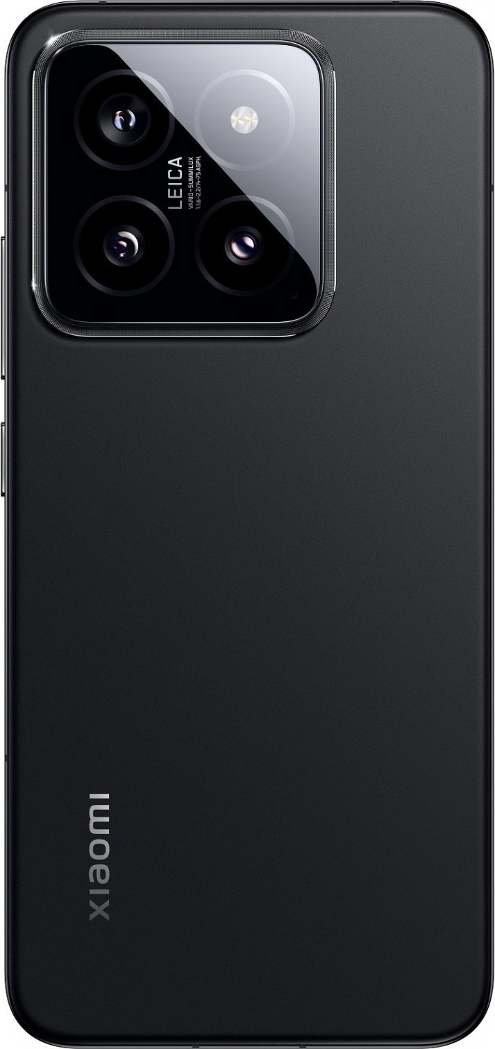Xiaomi 14 smartphone in sleek black, featuring a glass back, triple-camera setup with Leica branding, and a minimalist design.
