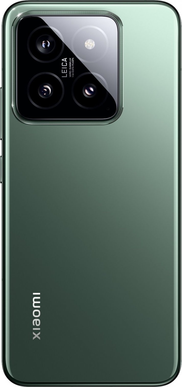 Xiaomi 14 smartphone in green, featuring a sleek glass back, triple camera setup with Leica branding, and a modern design.