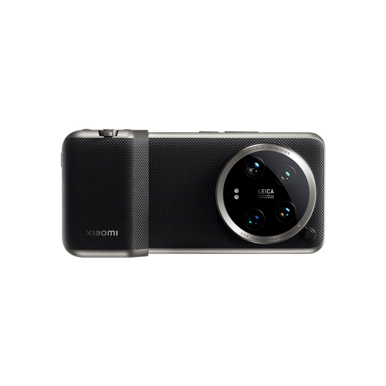 Xiaomi 14 Ultra features a sleek black design with a textured grip, a prominent circular camera module with three lenses, and a Leica logo, emphasizing its professional photography capabilities.