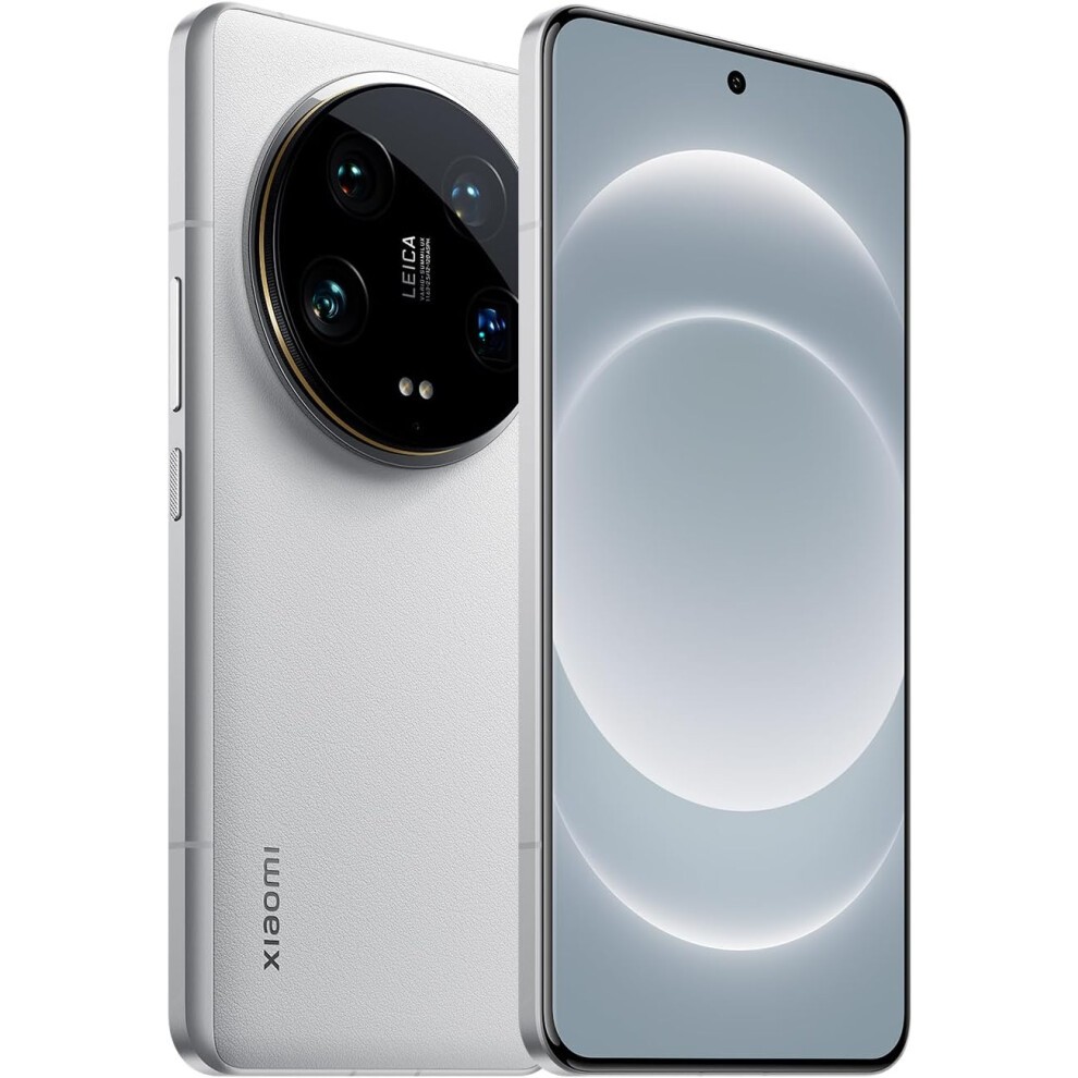 Xiaomi Mi 14 Ultra 5G smartphone in white with a sleek design, featuring a large display, circular camera module with three lenses, and a premium finish.