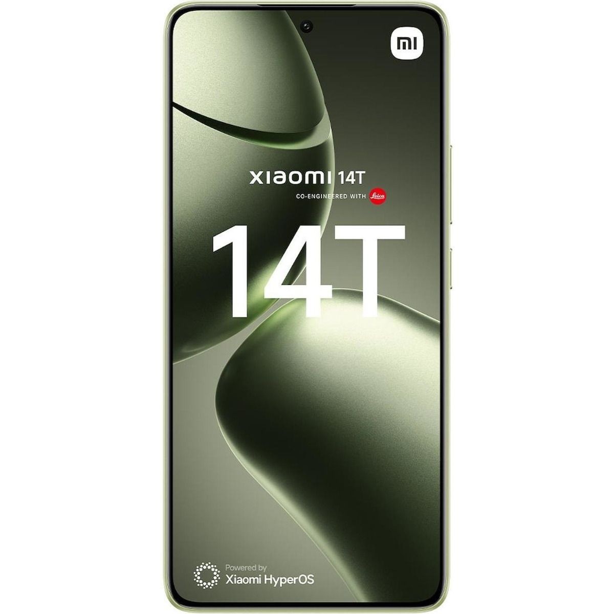 Xiaomi 14T smartphone in a sleek design with a greenish hue, featuring a large display, minimal bezels, and the Xiaomi logo at the top, highlighting its 12GB RAM and 256GB storage.
