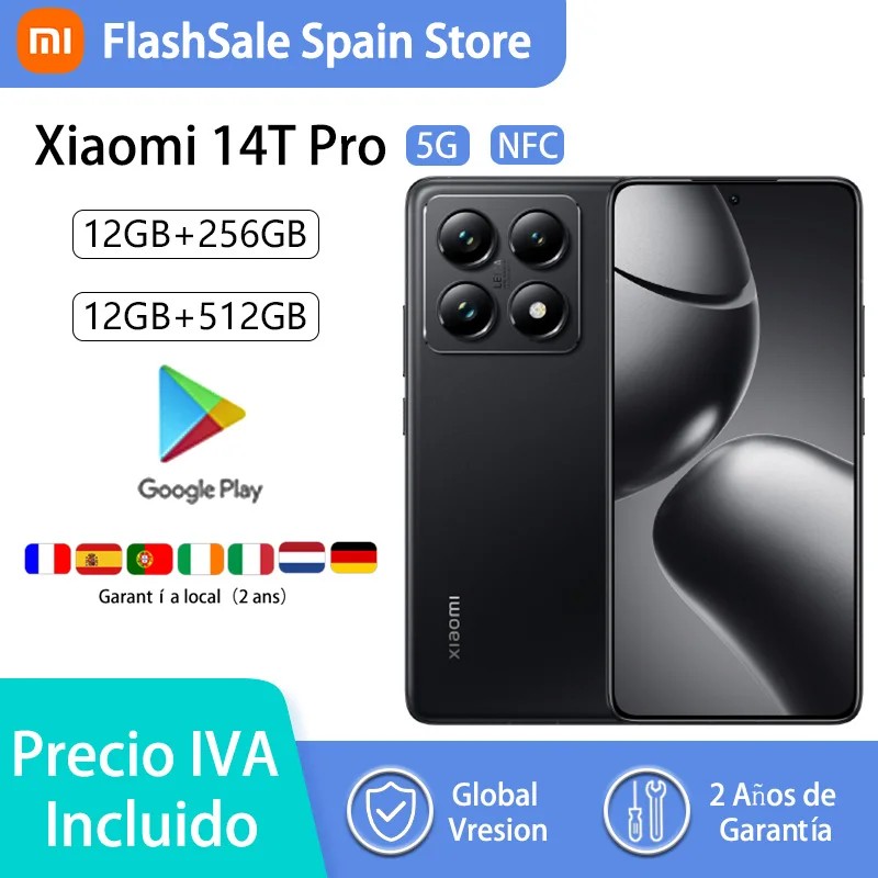 Xiaomi 14T Pro smartphone in black, featuring a sleek design, triple camera setup, and specifications for 5G connectivity, NFC, and options for 12GB RAM with 256GB or 512GB storage.