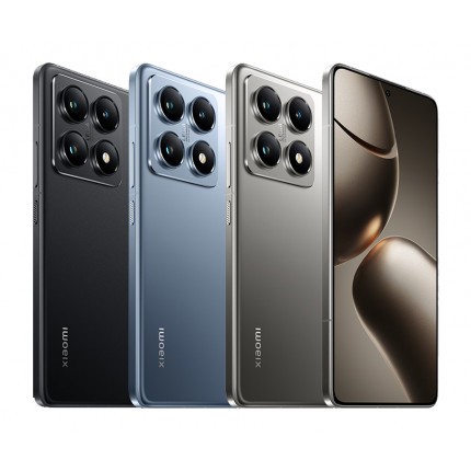 Three Xiaomi 14T Pro smartphones in black, blue, and gray, showcasing a sleek design, four rear cameras, and a large display with minimal bezels.