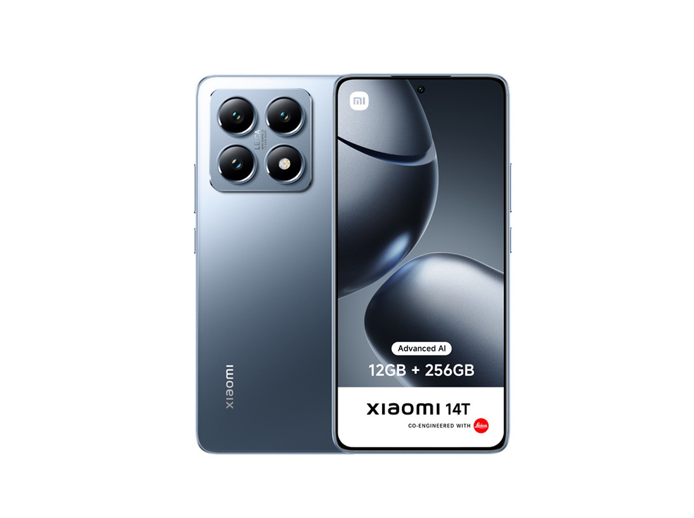 Xiaomi 14T smartphone in Titan Blue features a sleek design, 6.67" OLED display, four rear cameras, and displays "12GB + 256GB" on the front.