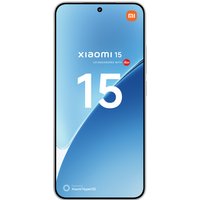 White Xiaomi 15 smartphone with 6.36" display, centered front camera, and blue-themed screen design.