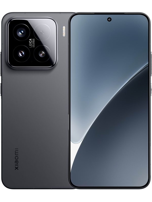Sleek black Xiaomi 15 smartphone featuring a large display, triple camera setup with Leica branding, and a minimalist design.