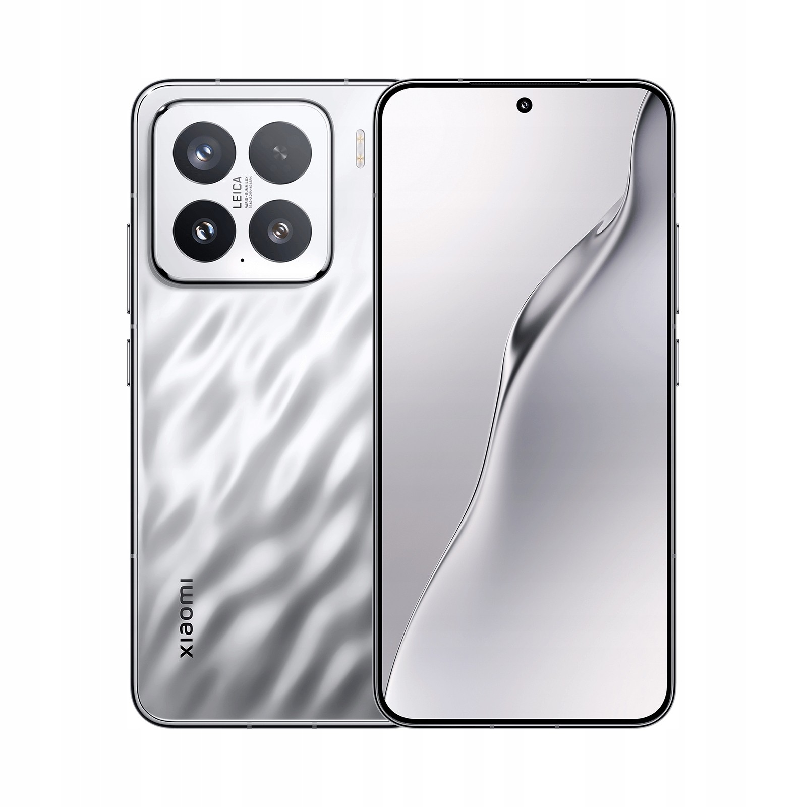 Xiaomi 15 smartphone in silver with a sleek, wavy back design, featuring a quad-camera setup and a large edge-to-edge display.