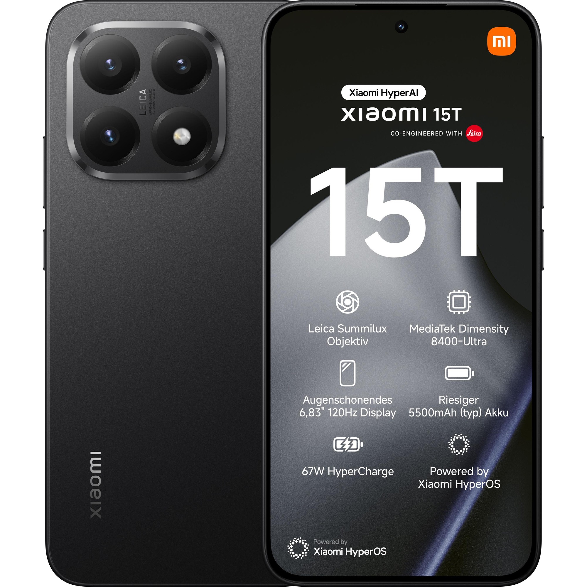 Xiaomi 15T smartphone in black with a 6.83-inch display, dual SIM capability, 512GB storage, and a sleek design featuring a Leica camera system.