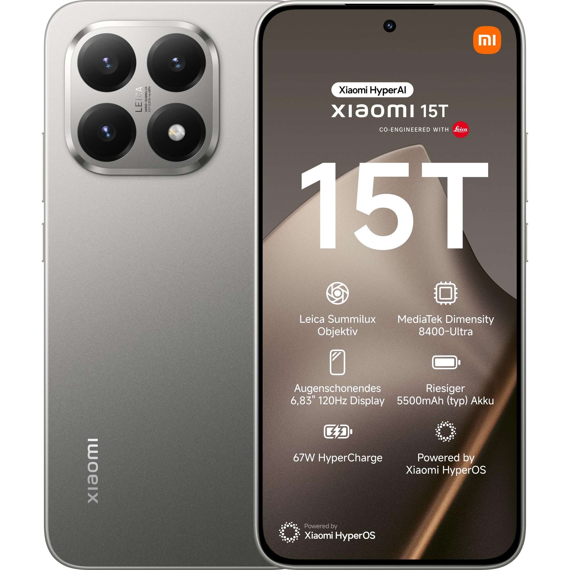 Xiaomi 15T smartphone in gray, featuring a 6.83" display, dual SIM capability, 5G connectivity, and a quad-camera setup with Leica optics.
