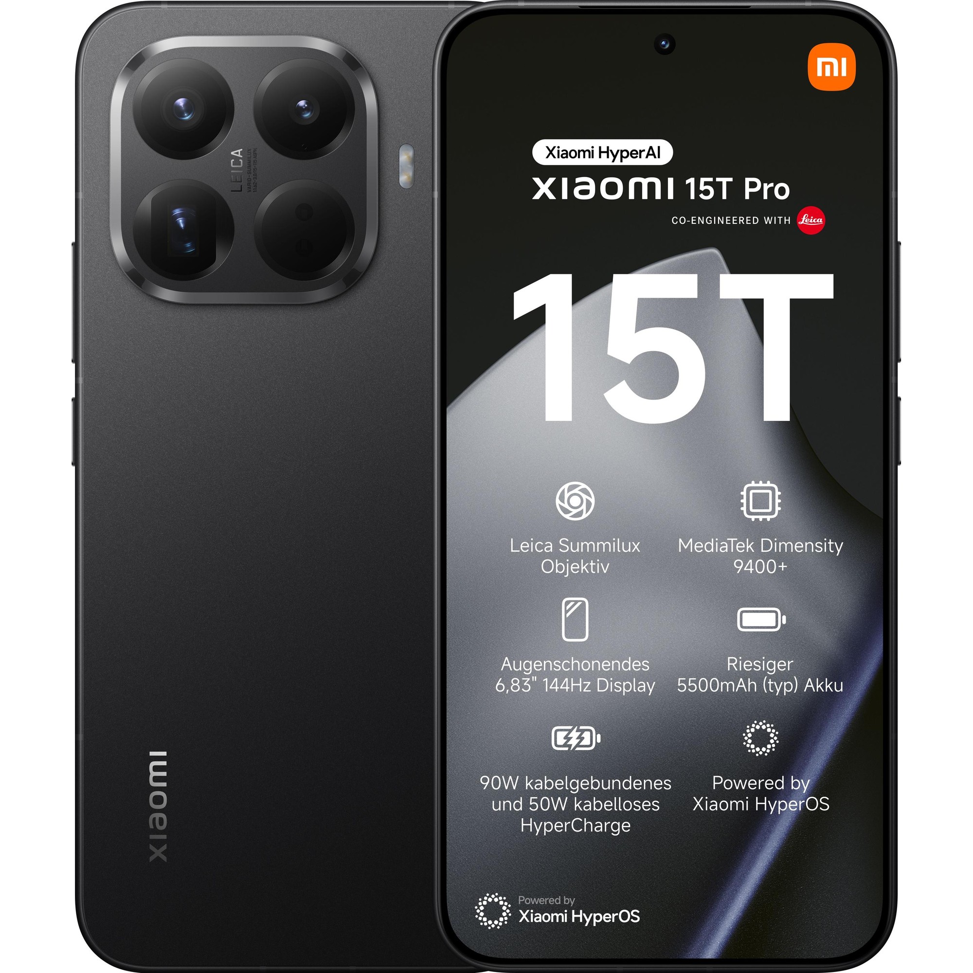Xiaomi 15T Pro smartphone in black with a 6.83" display, dual SIM, 512GB storage, featuring a Leica camera system and MediaTek Dimensity 9400 processor.