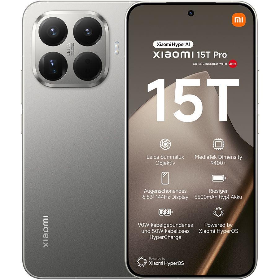 Xiaomi 15T Pro smartphone in gray with a 6.83" display, dual SIM, 512GB storage, featuring a triple camera setup and sleek design.