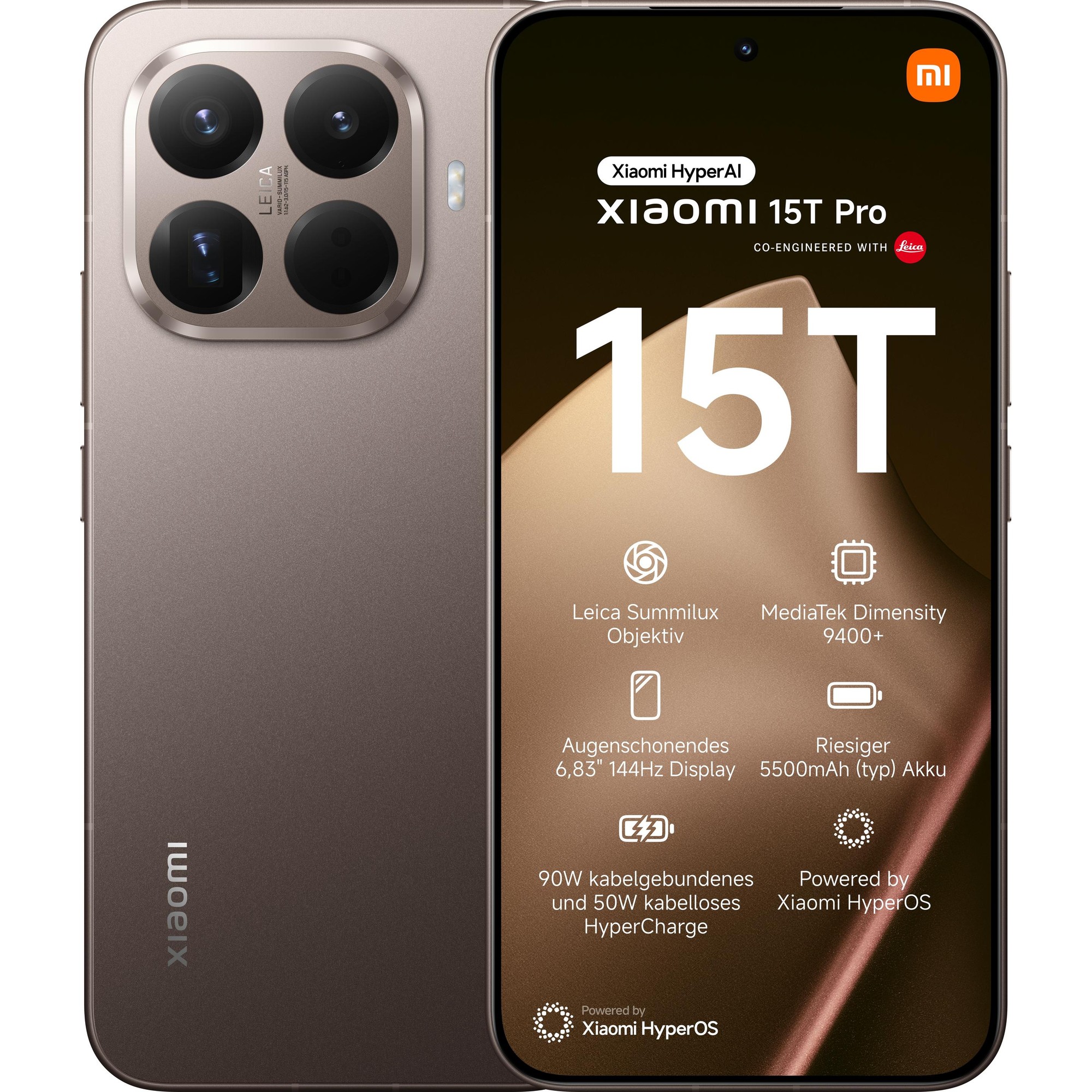 Xiaomi 15T Pro smartphone in Moka Oro color features a 6.83" display, dual SIM, 512GB storage, quad-camera setup, and a sleek design with a premium finish.