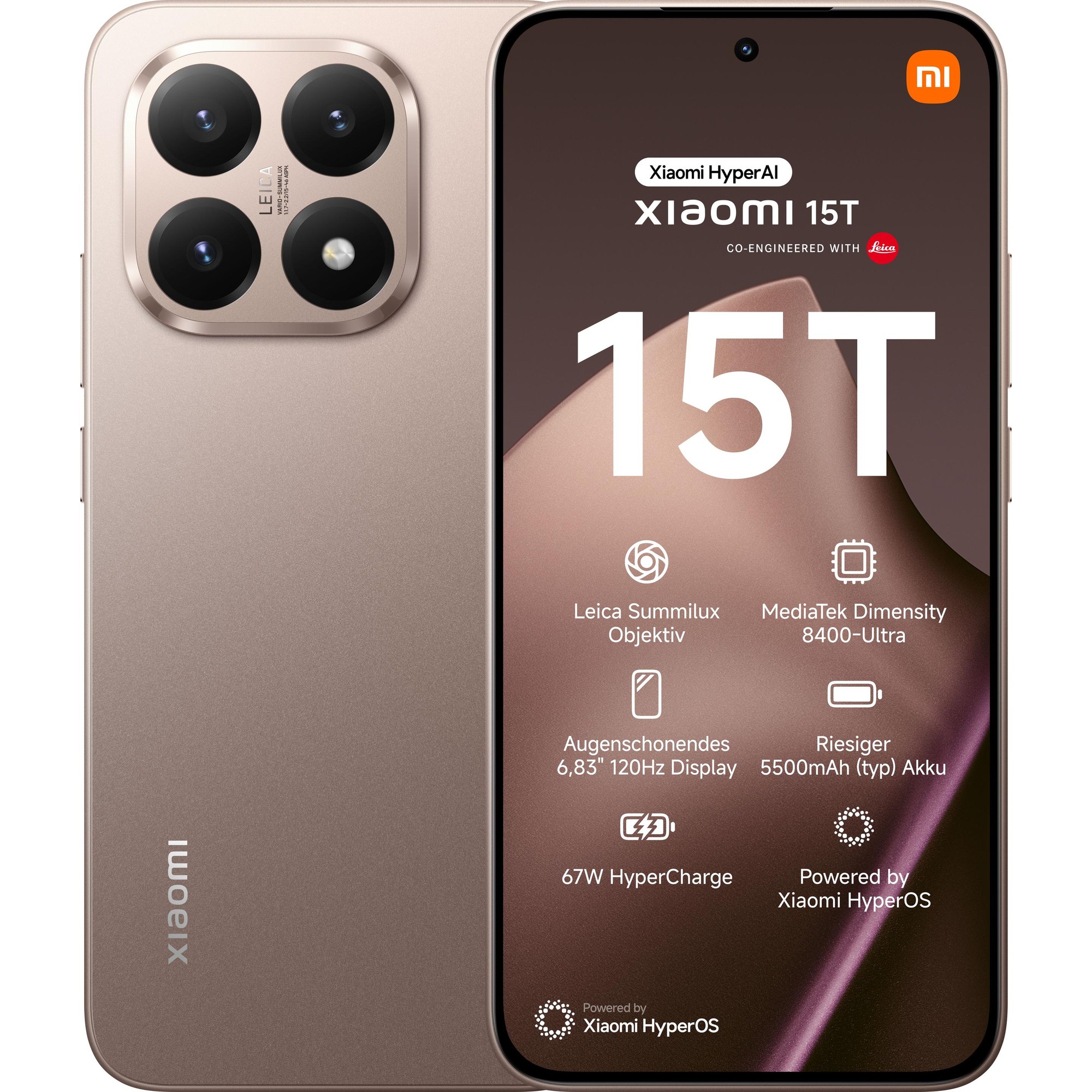 Xiaomi 15T smartphone in rose gold with a 6.83" display, dual SIM, 256GB storage, featuring a triple camera setup and MediaTek Dimensity 8400-Ultra processor.