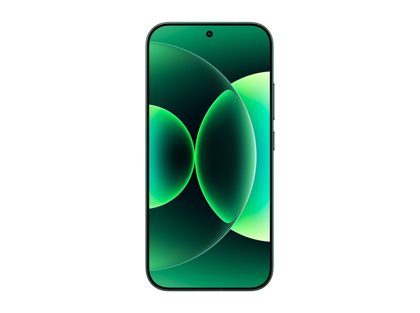 Xiaomi 17 smartphone in green with a sleek design, featuring a large display and minimal bezels, showcasing a vibrant green abstract wallpaper.