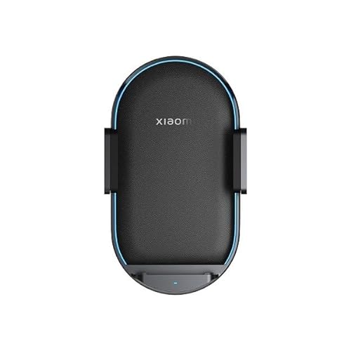 Black wireless charger with an oval shape, featuring blue LED accents and adjustable side grips for secure phone placement, designed for car use by Xiaomi.