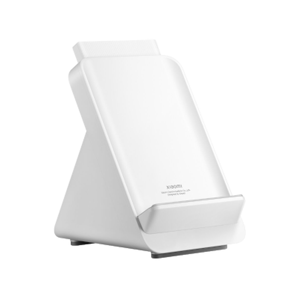 White, sleek phone stand with an angled design, featuring a smooth surface and a sturdy base, ideal for hands-free device use.