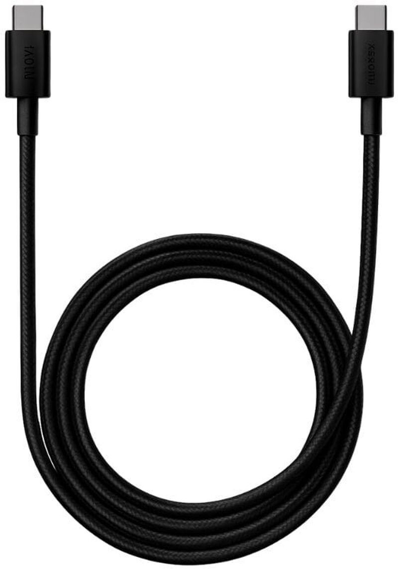 Black braided USB 2.0 cable, 1 meter long, with USB-C connectors on both ends, featuring a durable design ideal for charging and data transfer.
