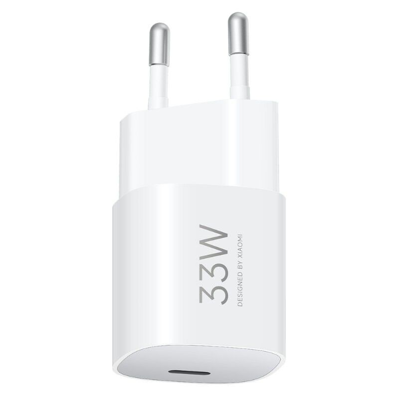 White Xiaomi BHR087LEU mobile device charger with a glossy finish, featuring a USB port and two prongs, labeled with "33W" and "DESIGNED BY XIAOMI."