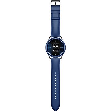 Blue leather strap for Xiaomi smart wearables, featuring a round watch face with a digital display showing the time and date, complemented by a silver metal buckle.