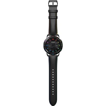 Black smartwatch strap with multicolored accents, featuring a round watch face with a vibrant display and a sleek design, made from durable materials.