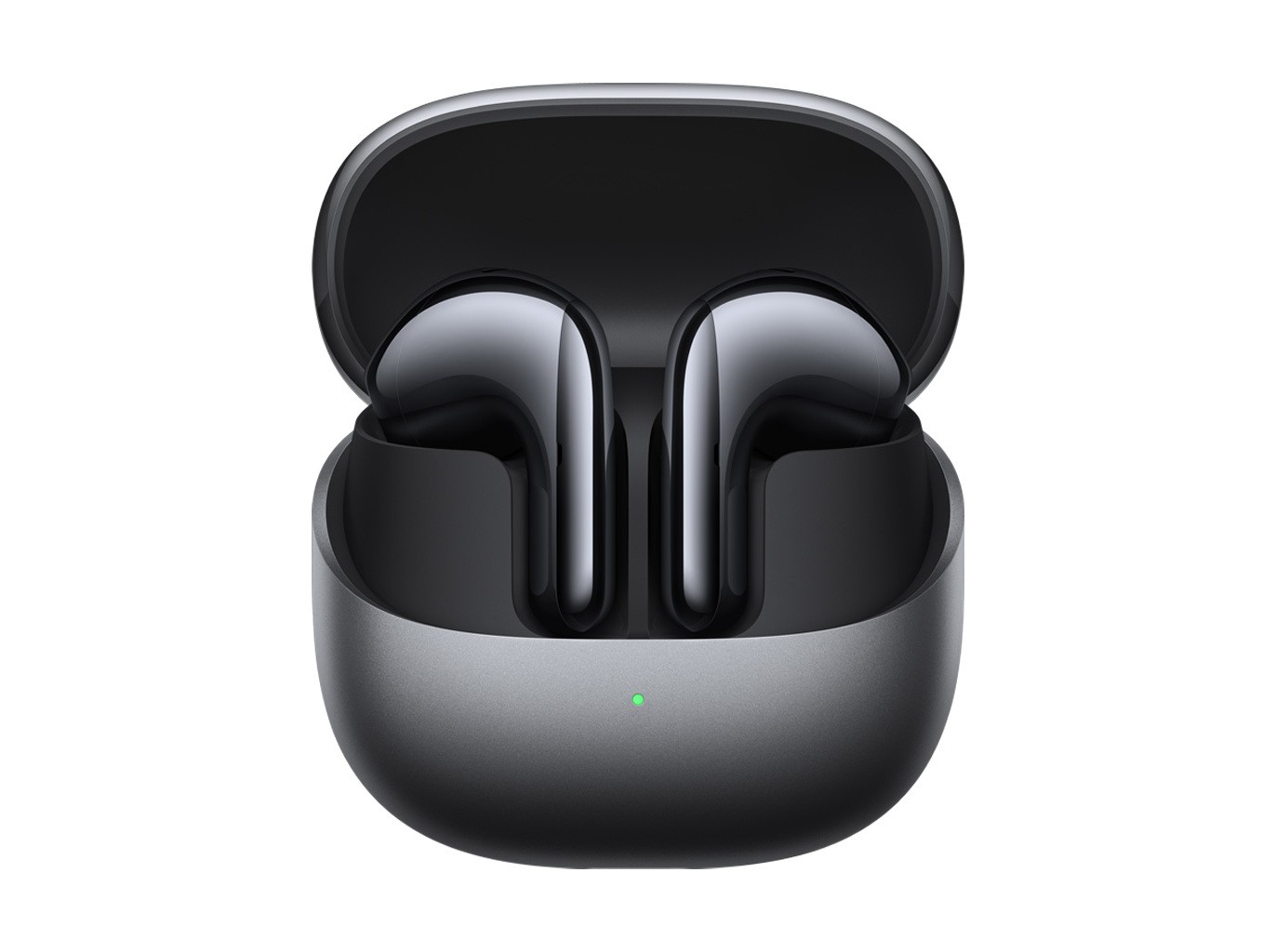 Xiaomi Buds 5 in Graphite Black, featuring a sleek design with a glossy finish, housed in a compact charging case with a subtle green LED indicator.