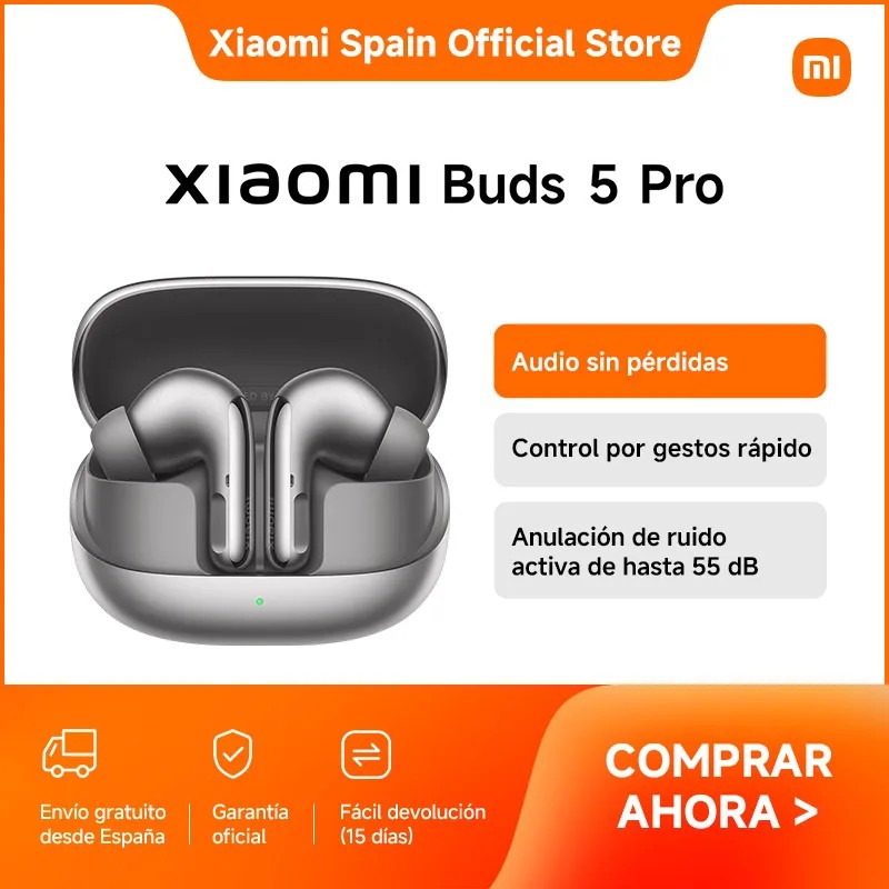Xiaomi Buds 5 Pro in a sleek titanium finish, featuring a compact charging case, touch control for quick gestures, and active noise cancellation up to 55 dB.