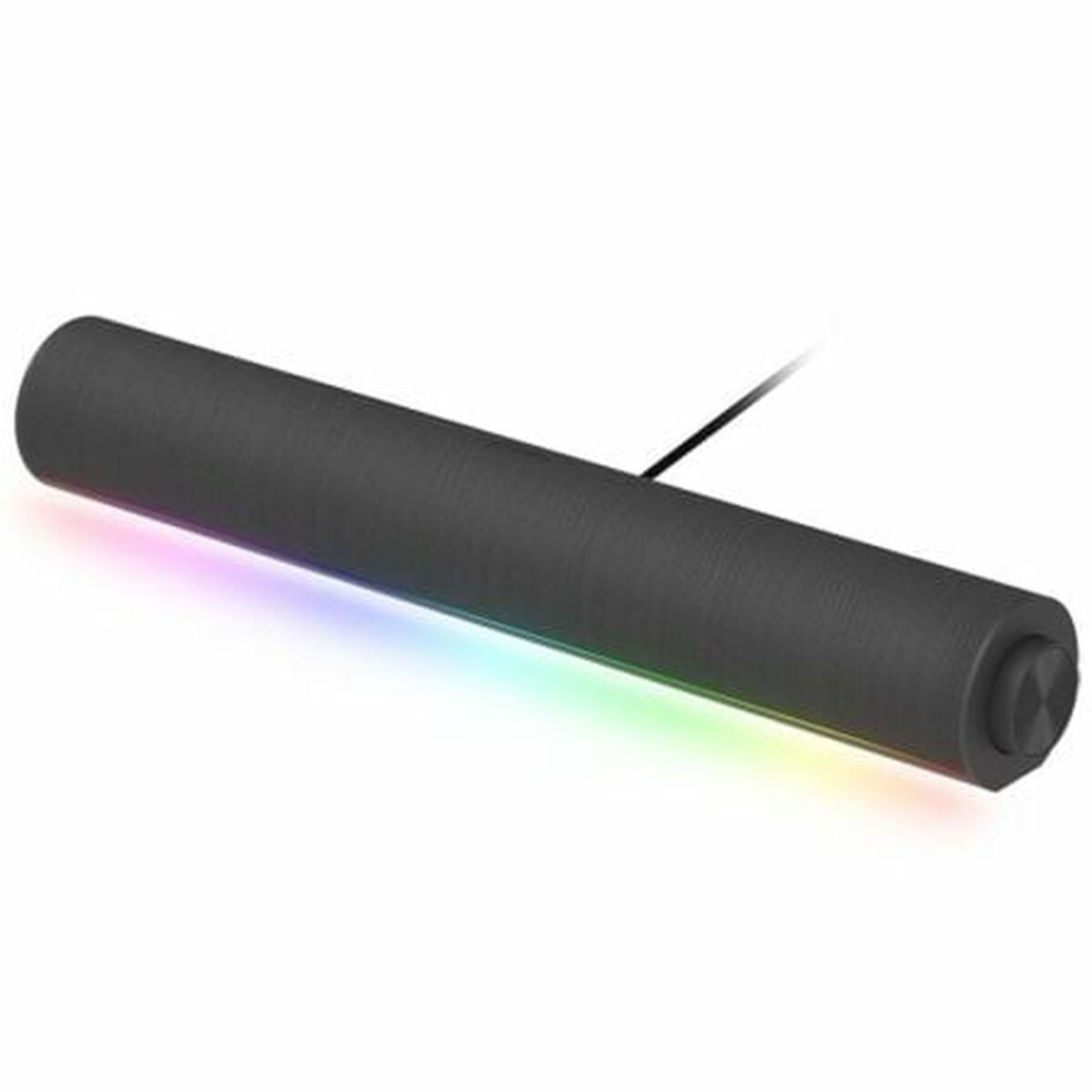 Black cylindrical PC speaker with a textured surface, featuring a colorful RGB light strip along the bottom and a control knob on one end.