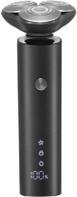 Black Xiaomi Mi Electric Shaver S301 with a sleek, cylindrical body, three rotating shaving heads, and an LED display showing battery percentage.