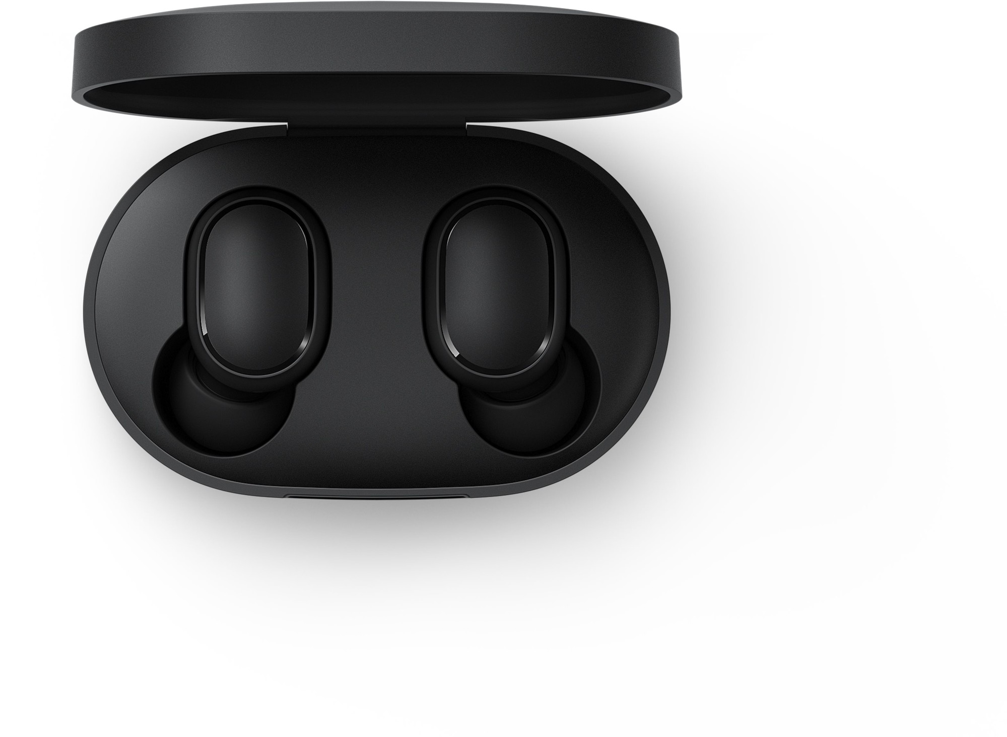 Black Xiaomi Mi True Wireless Earbuds Basic 2 nestled in a compact charging case, showcasing a sleek, minimalist design with smooth plastic finish.