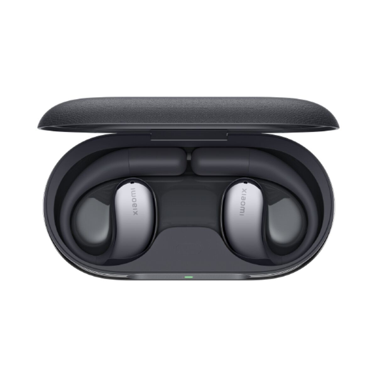 Xiaomi OpenWear Stereo in graphite gray, featuring a sleek design with a matte finish, housed in a compact charging case with a smooth lid.